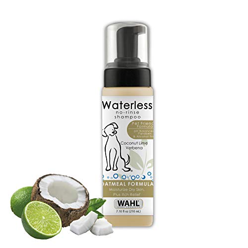 Wahl pet friendly waterless no rinse shampoo for animals oatmeal & coconut lime verbena for cleaning, conditioning, detangling & moisturizing dogs, cats & horses 7. 1 oz - model 820015a